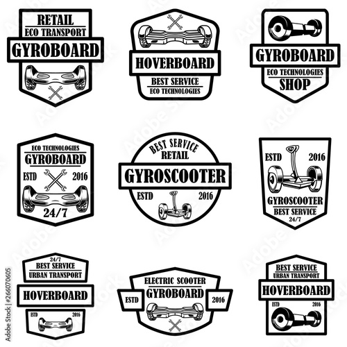 Set of gyro scooter emblems. Design elements for logo, label, sign, poster, card.