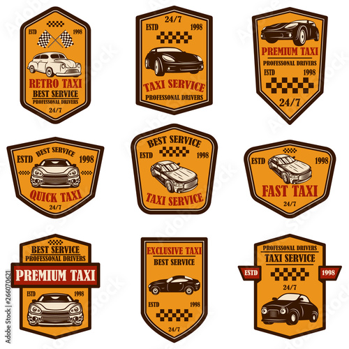 Set of taxi service emblems. Design element for poster, card, banner, logo, label, sign.