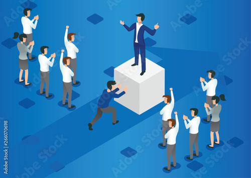 Isometric Business people pushing cubes. Winner easily moving the cube. Winning strategy, efficiency, innovation in business concept - Illustration Vector