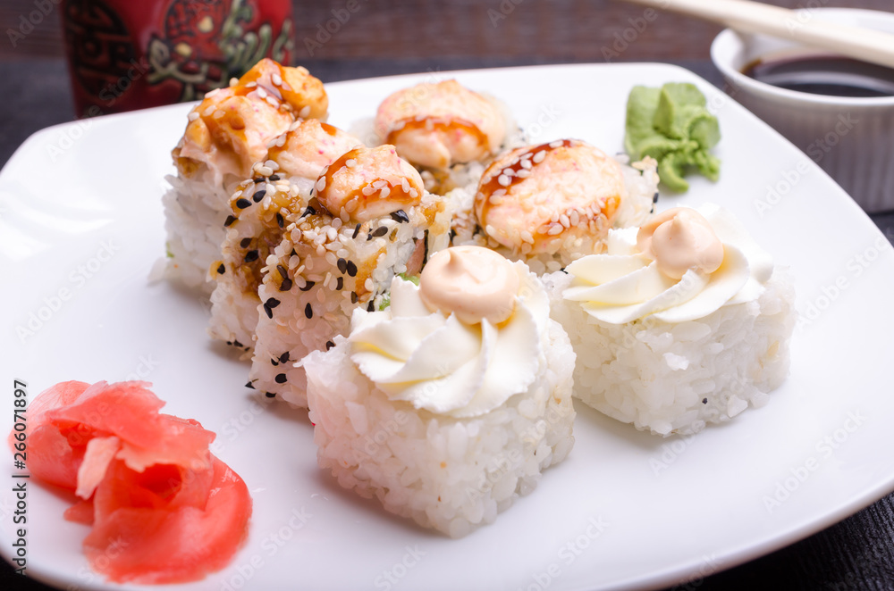 Japanese food. Portion of Sushi rolls. Japanese food. Portion of Sushi rolls.