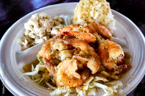 A dish of shrimp and rice, one of the famous menu from the local food truck at O'ahu, Hawaii, USA.