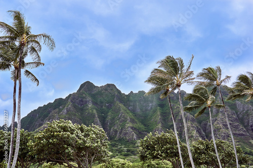 A view of the mountain side of Kualoa Regional Beach Park on a windy day at O'ahu, Hawaii, USA.