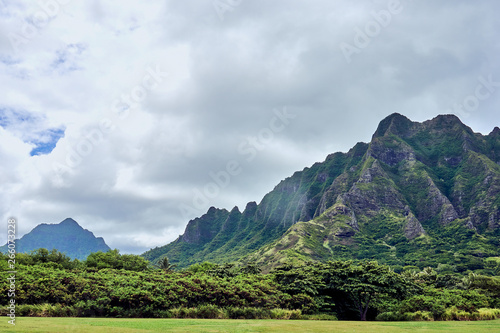 A grand view of the mountains of Kualoa Regional Beach Park at O'ahu, Hawaii, USA.
