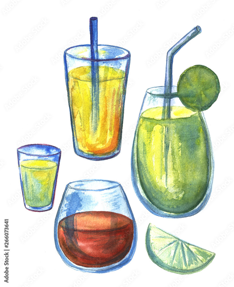 Cocktail drink summer orange lime green watercolor hand drawn