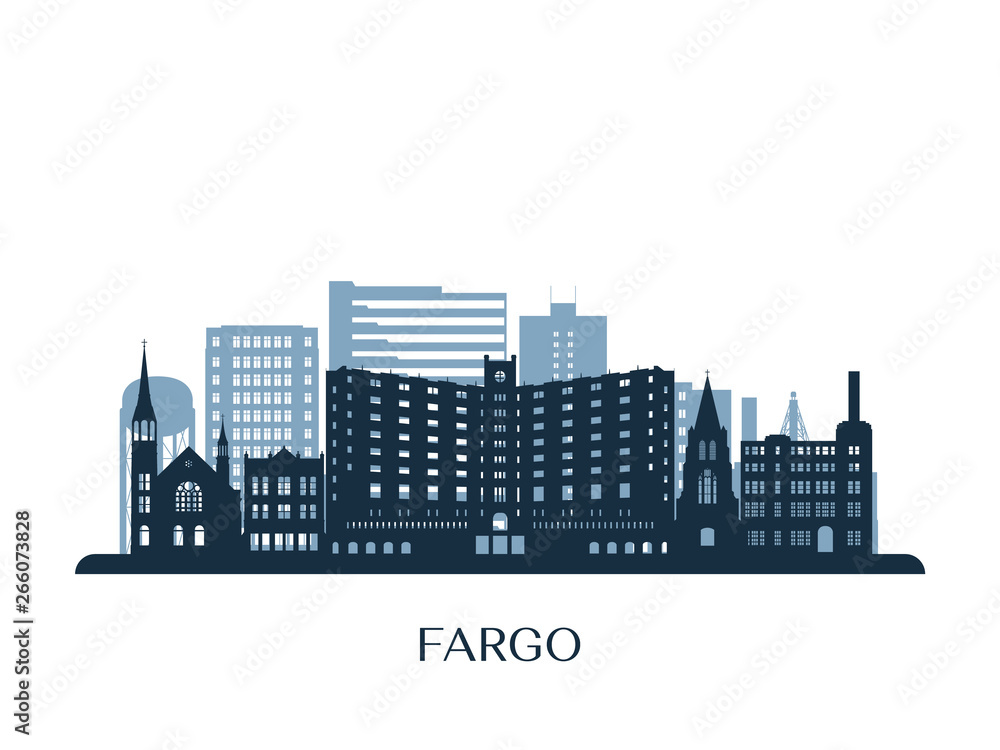 Fototapeta premium Fargo skyline, monochrome silhouette. Vector illustration.