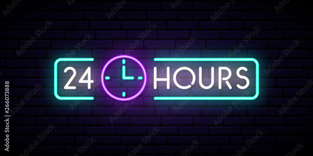 Obraz premium Neon sign 24 hours. Glowing shining design element for Club, Bar, Cafe. Vector banner.