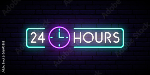 Neon sign 24 hours. Glowing shining design element for Club, Bar, Cafe. Vector banner.