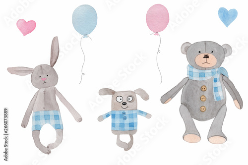 Soft toys. Bear, a rabbit and a dog. Watercolor