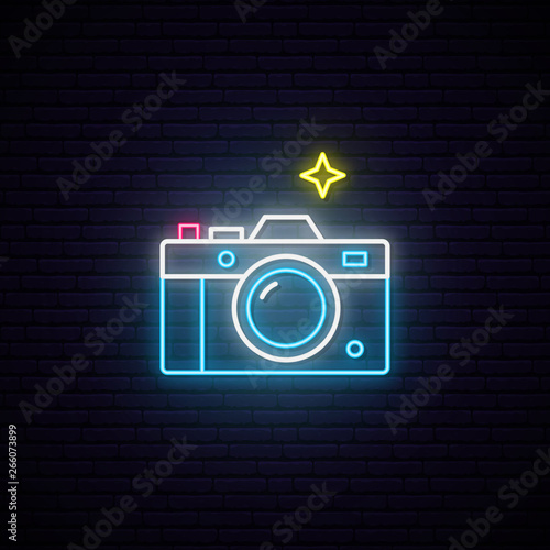 Neon sign of photo camera sign. Bright photography camera symbol. Vector illustration.