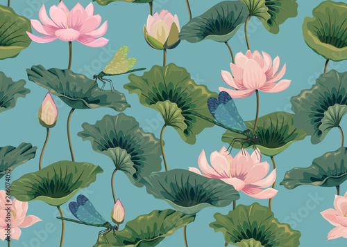 seamless pattern with lotuses and dragonflies
