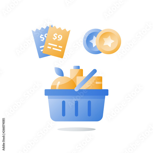 Consumption incentive concept, till slip and full grocery basket, loyalty program, earn bonus points, collect tokens