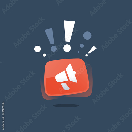 Promotion campaign, outbound marketing, smm strategy, advertising concept, public relations, red megaphone, event announcement