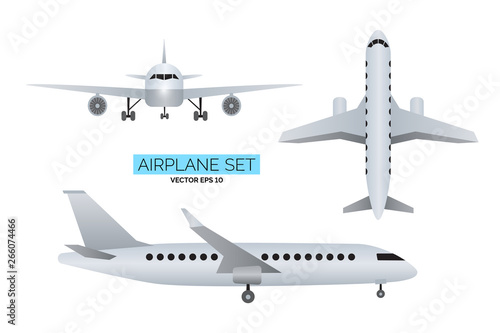 Set of airplanes front  side and from above views
