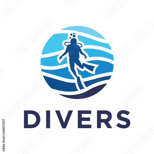 Dynamic Scuba Diver in Wavy Ocean Circle Logo. A Vibrant Emblem of Underwater Exploration, Aquatic Adventures, and Marine Sports, Representing the Thrill of Diving in Blue Ocean Waves.