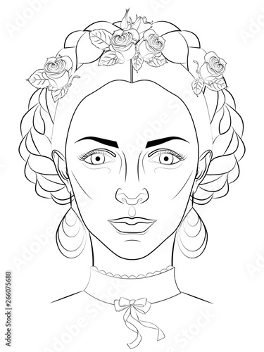 black and white illustration of a girl with a traditional Mexican hairstyle for self-coloring