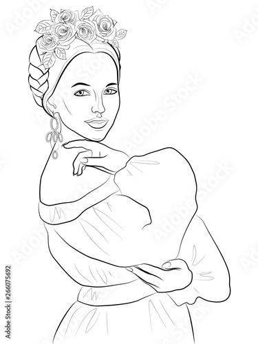 black and white illustration of a girl with a traditional Mexican hairstyle for self-coloring