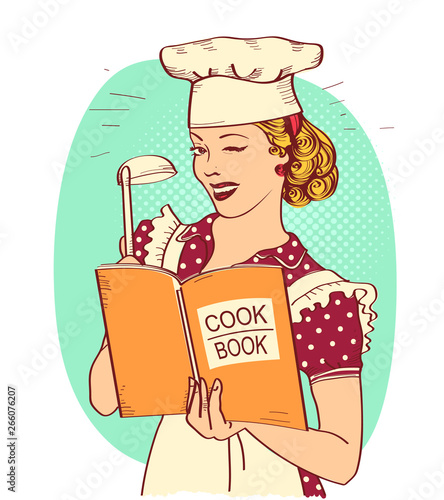 Retro Young woman chef holding cook book in her hand on kitchen room. Pin up style illustration isolated on white