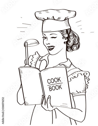 Young woman chef holding cook book in her hands on kitchen room.Reto style illustration isolated on white