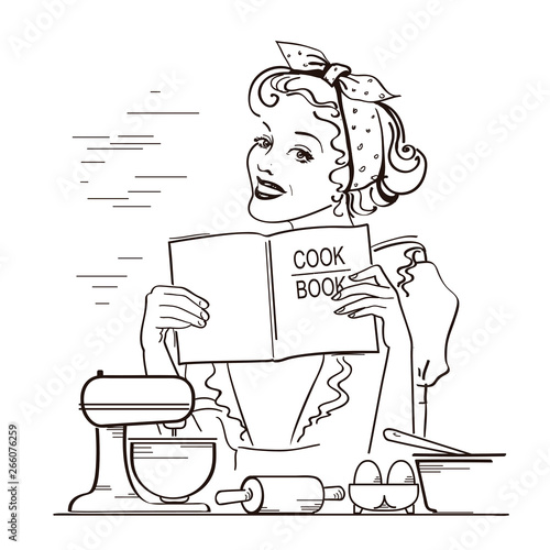 Young woman holding cook book in her hands on kitchen room.Reto style illustration on white background