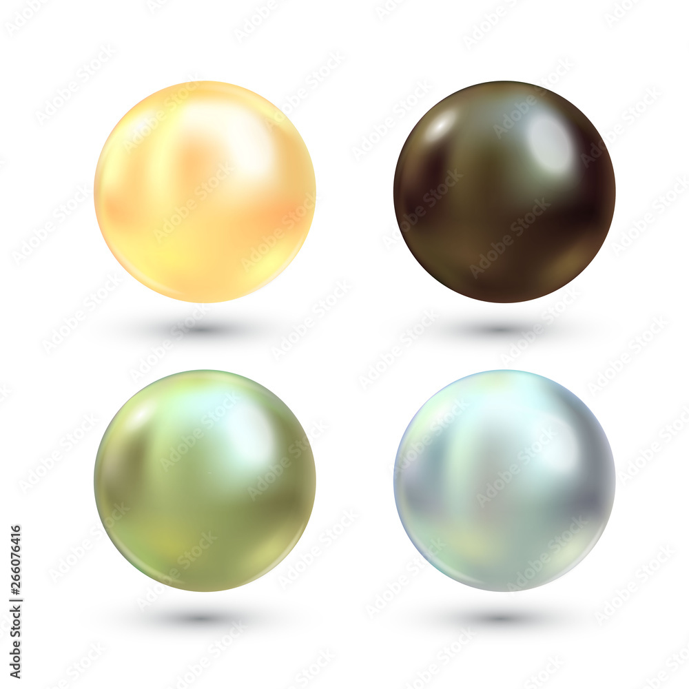 Realistic varicoloured pearls vector set. Precious pearl in sphere form. Pearl is luxury glossy stone illustration Realistic varicoloured pearls vector set. Precious pearl in sphere form. Pearl is luxury glossy stone illustration
