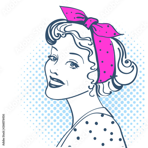 Young retro woman portrait with vintage clothes. Vector pop art illustration isolated on white 