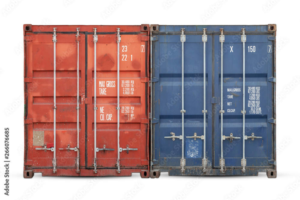 The concept of export-import and national delivery of goods. Close-up of the red and blue container on white isolated background. The concept of export-import and national delivery of goods. Close-up of the red and blue container on white isolated background.