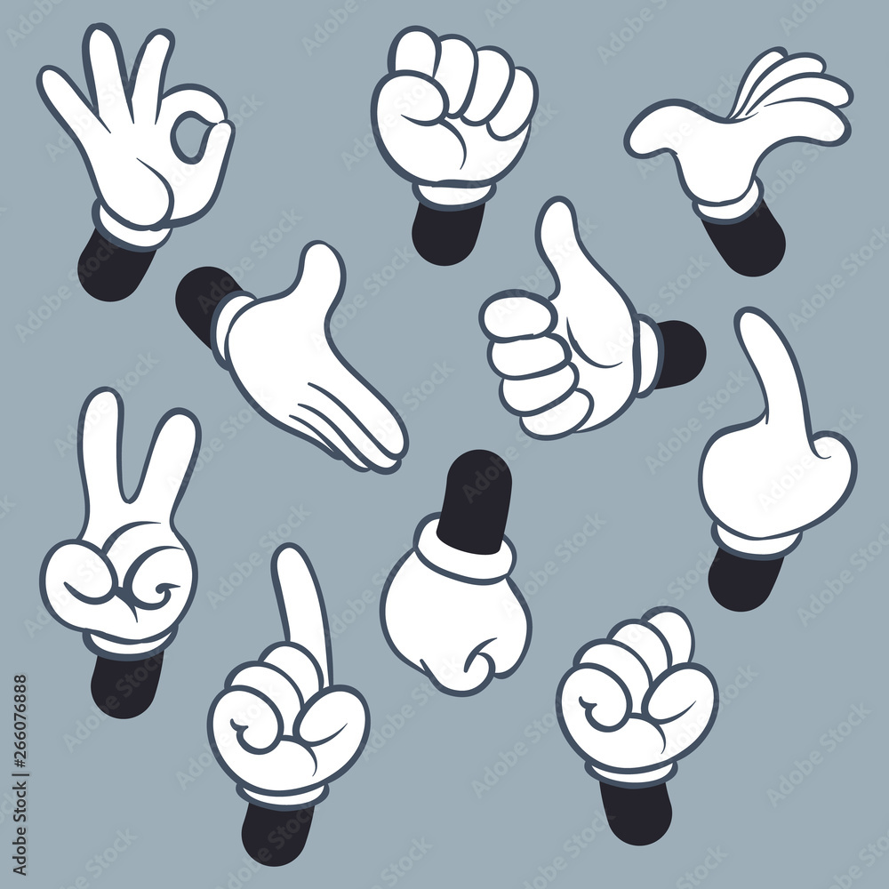 Cartoon arms. Various hands with different gesture, doodle gloved pointing hands, human point arm. Vintage vector illustration set Cartoon arms. Various hands with different gesture, doodle gloved pointing hands, human point arm. Vintage vector illustration set