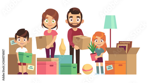 Family moving new home. Happy people packing unpacking boxes cardboard package deliver parents kids relocation, flat vector design