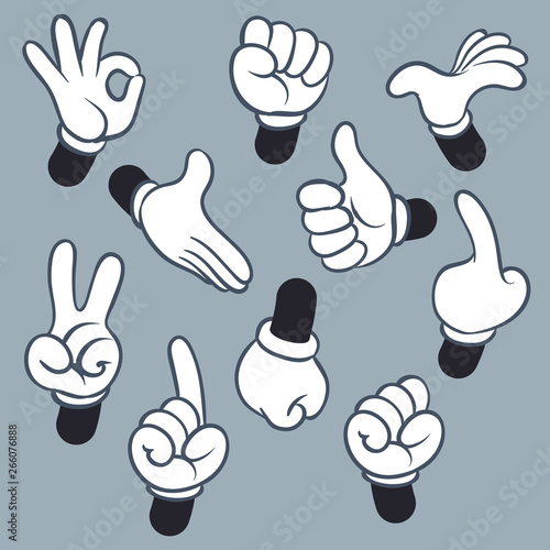 Cartoon arms. Various hands with different gesture, doodle gloved pointing hands, human point arm. Vintage vector illustration set