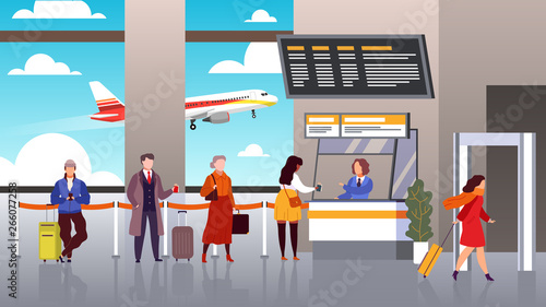 Airport registration. People queue departure passengers in line baggage register flight check terminal tourism travel vector concept