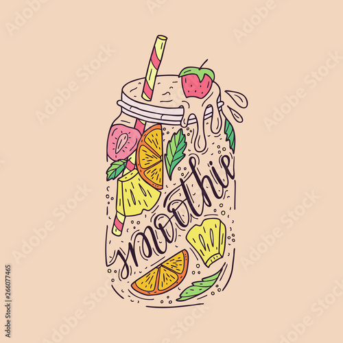 Smoothies in a glass bottle with straws. Fresh fruit smoothie with strawberries, pineapple and orange. Healthy lifestyle. Colorful hand drawn illustration.