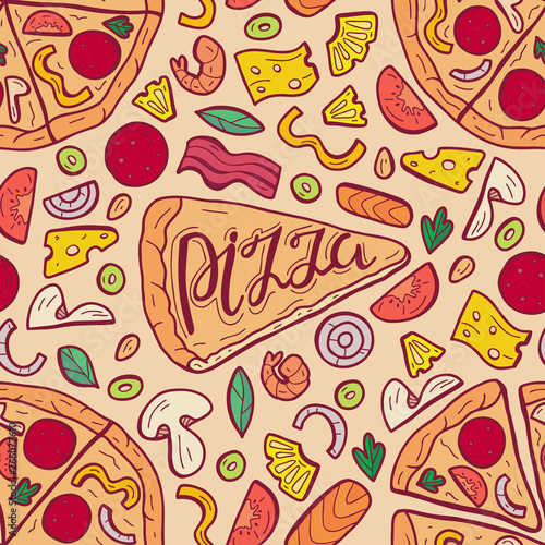 Ingredients for pizza. Seamless pattern with a slice of pizza and various ingredients. Hand drawn vector illustration.