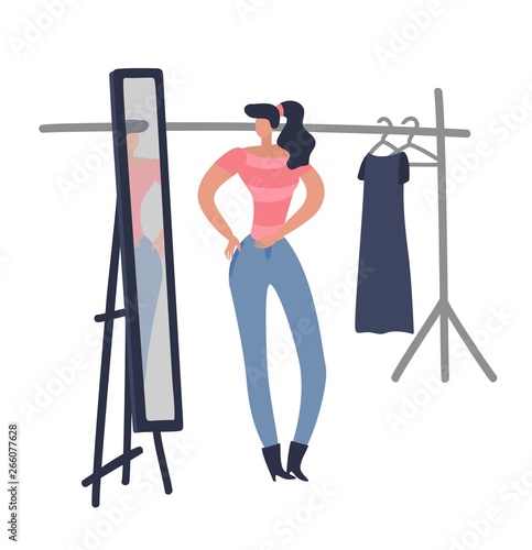 Women shopping. Girl is trying on fashion female cloth looking woman new design dress in shop boutique room flat vector illustration