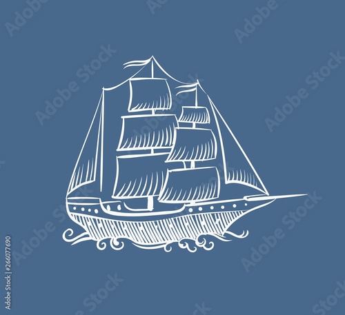 Vintage boat sketch. Hand drawn old pirate sea sailboat vector doodle sail schooner ship illustration on white background