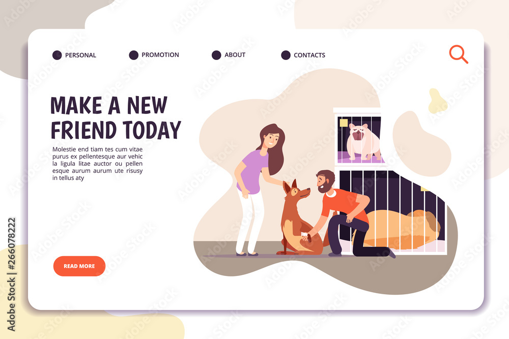 Animal shelter concept. People with homeless dog pets. Internet landing vector page. Shelter dog, friendship pets banner, make new friend illustration