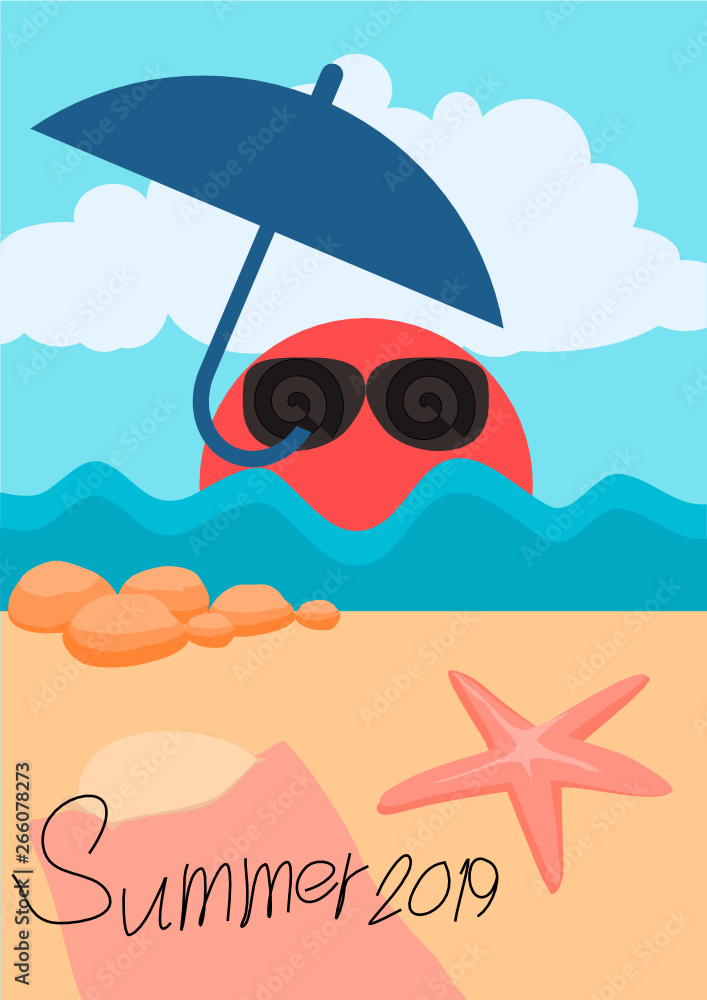 Summer beach with sun, sea, cloud, sand, starfish and mat Summer beach with sun, sea, cloud, sand, starfish and mat