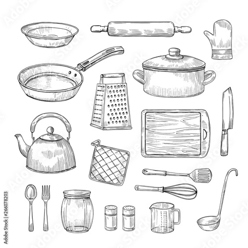 Sketch kitchen tools. Cooking utensils hand drawn kitchenware. Doodle chef equipment vector set. Illustration of kitchenware equipment for cooking