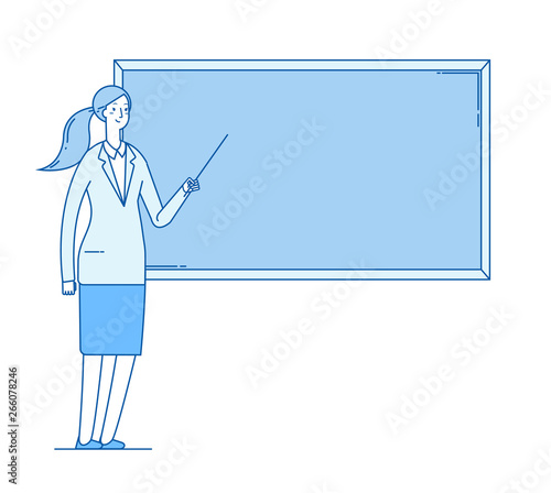 Woman teacher. Young female professor teaching at blackboard in classroom school education vector line flat concept. Education school teacher, woman in classroom shows on chalkboard illustration