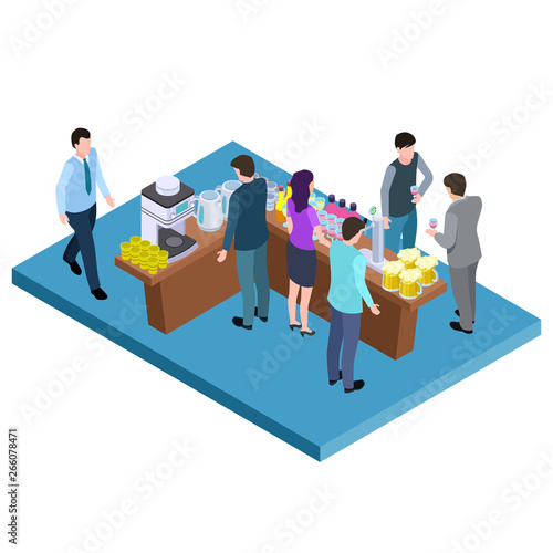 Table with alcoholic and non-alcoholic drinks isometric vector location. Drink on table for party illustration