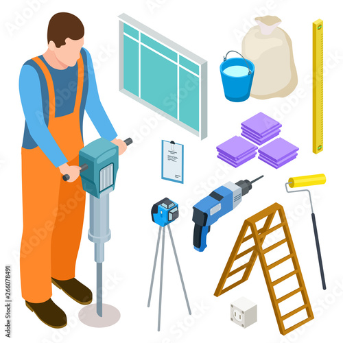 Builder and construction tools isometric vector icons. Isometric builder and worker, professional service construction illustration