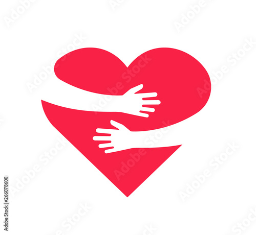 Hugging heart. Hands holding heart arm embrace love yourself child hope cardiology gift romance relationship vector isolated concept. Illustration of hugging and embrace red heart