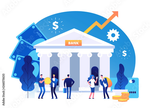 Bank building. Banking investment wealth growth symbols. Bank facade with businessman vector cartoon business concept. Facade bank, investment business, architecture building illustration
