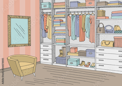 Wardrobe room graphic color interior sketch illustration vector
