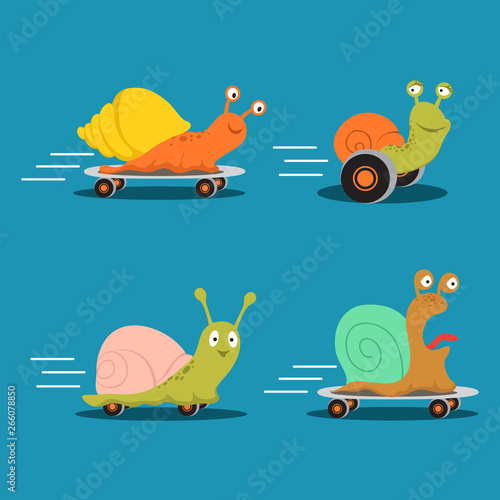 Fast characters snails cartoon vector of set. Illustration of fast snail on skate, happy slow animal