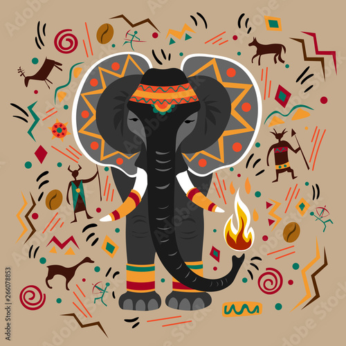 Graphic vector illustration with ornaments and symbols. Large and strong elephant decorated with ornaments with a plamen from the trunk, rock paintings of the ancient man.