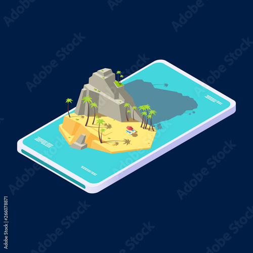 Isometric mobile concept of summer beach island app vacation. Island resort, smartphone application isometric booking illustration
