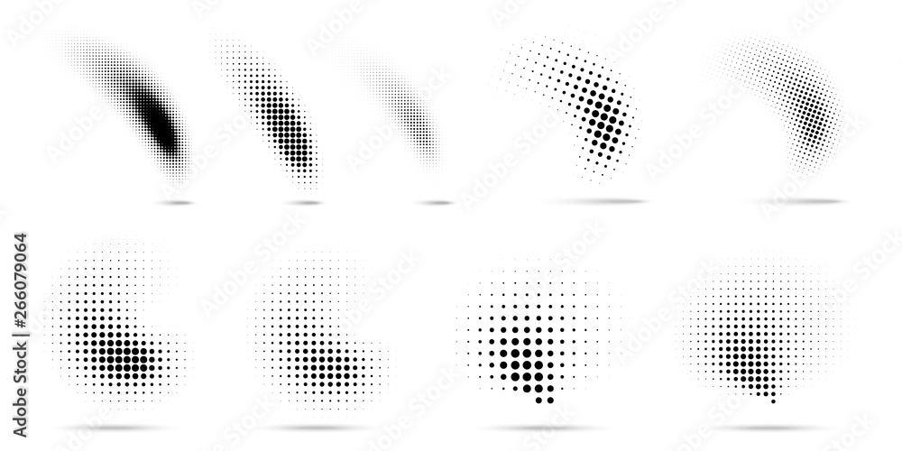 Set of halftone dots curved gradient pattern texture isolated on white background. Curve dotted spots using halftone circle dot raster texture collection. Vector blot half tone collection.  - obrazy, fototapety, plakaty 