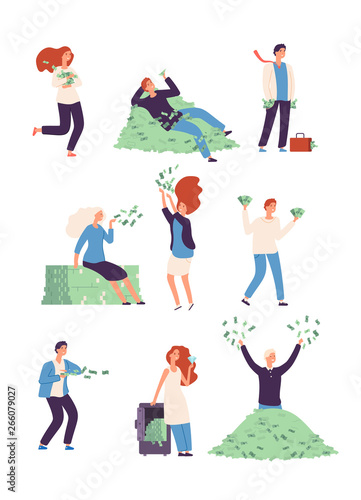 Rich people. Wealthy happy persons with money, lucky rich man and woman millionaire vector isolated characters. Illustration of people successful and rich, wealthy businessman