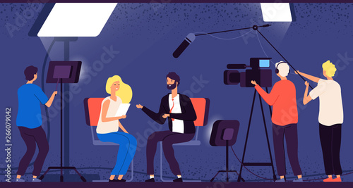 Studio interview. Host journalist tv broadcasting camera professional crew cameraman television interview reporter vector concept. Newscaster news, cameraman studio, television journalist illustration