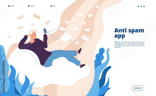 Anti spam app. Electronic inbox verification spam filtering piracy virus protection spammer mail safety software vector landing page. App protect security information, online anti spam illustration
